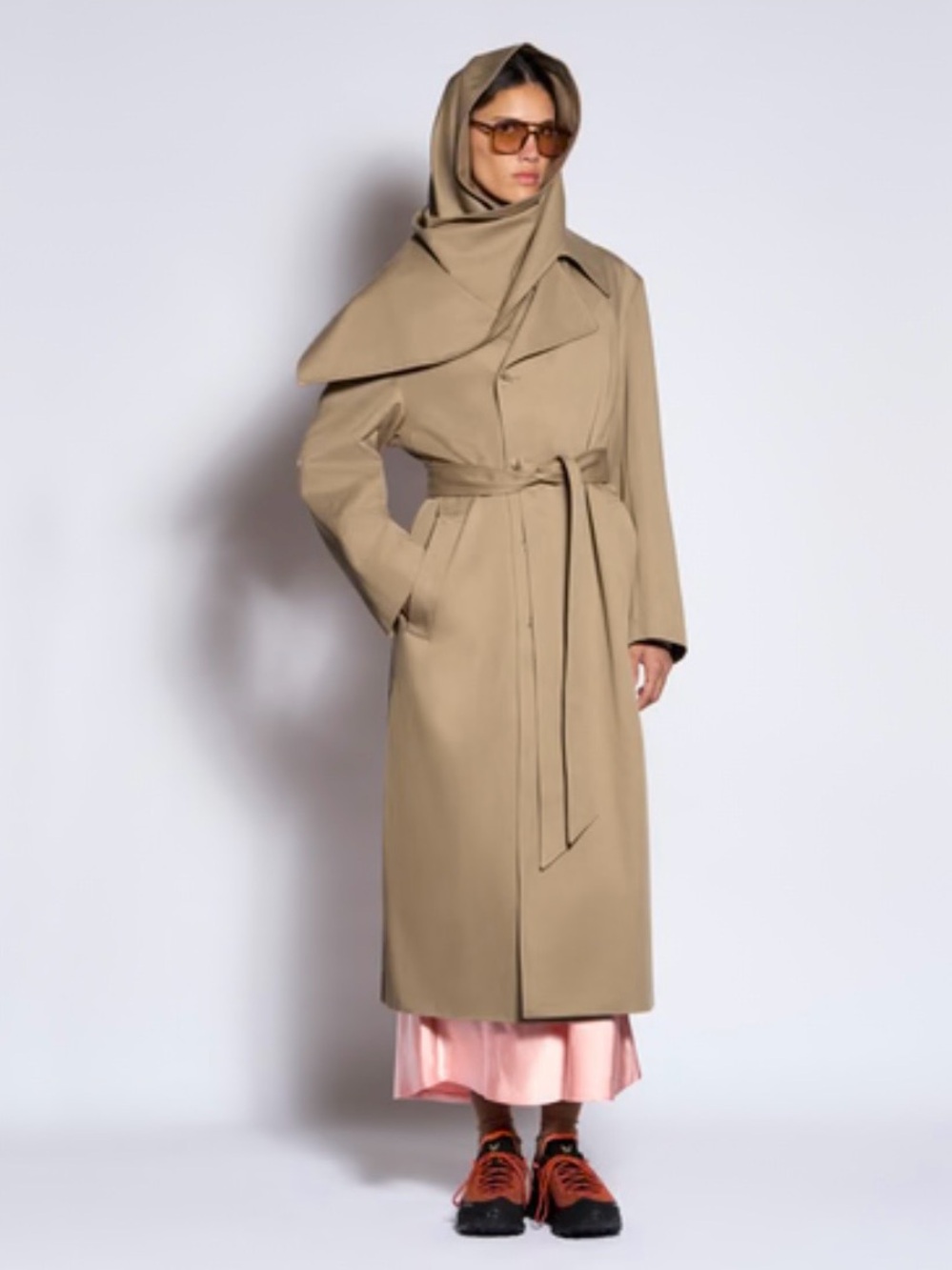 Roucha Beige Crosby Trench Coat with Draped Scarf Detail in XS/Short/Petite